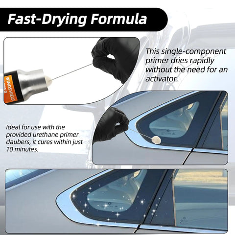 Urethane Windshield Adhesive 310ml Auto Polyurethane Sealant Kit with primer applied to car window molding, fast drying.