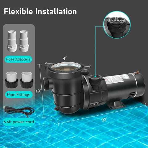 Real Deal Above Ground Pool Pump with 1.5 HP 115 Volt Motor Cranking Out 4920 GPH Flow with hose adapters and 6.6ft cord.