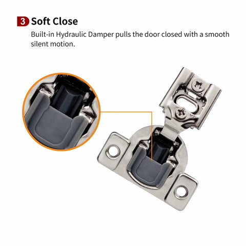 40 Pack Half Inch Overlay Soft Close Cabinet Hinges With 105 Degree Angle Built In Damper 3 Way Adjustable For Face Frame Cabinets Easy Install DIY Friendly Cold Rolled Steel Construction soft-close hinge detail