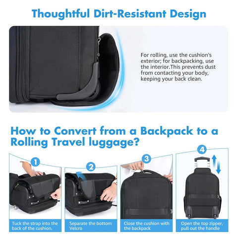 Rolling Laptop Backpack With Wheels For Travel, 17.7 Inch tutorial on converting backpack to wheeled luggage, black.
