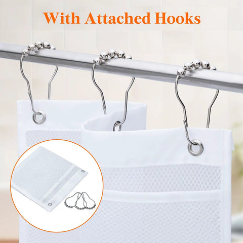 Cruise Essentials Hanging Shower Caddy With 7 Pockets And Quick Dry Mesh Portable Bathroom Organizer for RVs; displayed with hooks