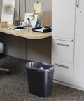 Deskside Plastic Wastebasket Rectangular 3.5 Gallon Black Trash Can Fits Under Desk Easy To Clean Durable All Plastic Bin Rib Strength Rim Nesting Design placed in office