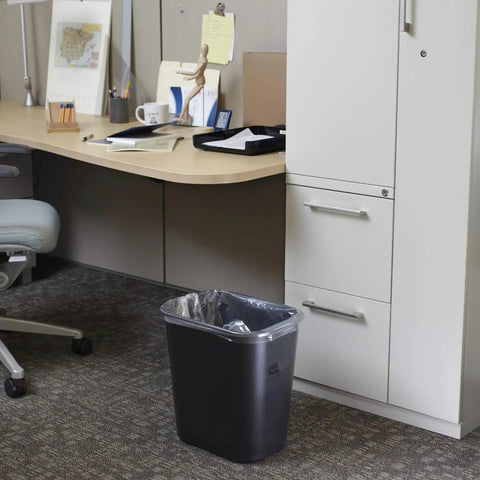 Deskside Plastic Wastebasket Rectangular 3.5 Gallon Black Trash Can Fits Under Desk Easy To Clean Durable All Plastic Bin Rib Strength Rim Nesting Design placed in office