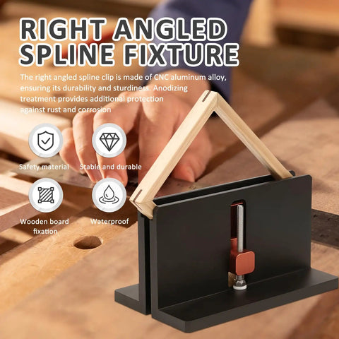 Heavy Duty CNC Aluminum Right Angle Spline Jig Set shown with wooden clamp for secure frame assembly and durability.