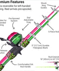 Two Pack Kids Telescopic Fishing Rod Set With Tackle Box And Net showing green and pink rods, reel, and detailed features