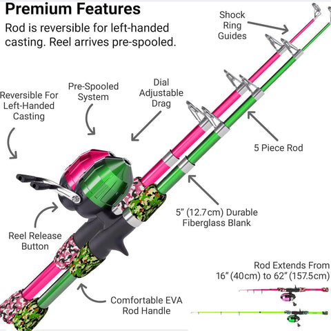 Two Pack Kids Telescopic Fishing Rod Set With Tackle Box And Net showing green and pink rods, reel, and detailed features