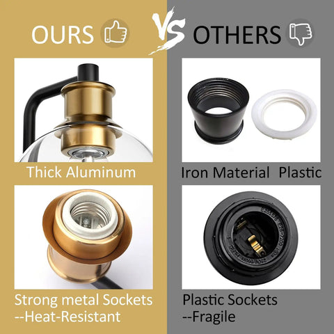 Upgrade Your Bathroom Vanity With Industrial Four Light Fixture In Vintage Black And Brass Finish With Clear Glass Globes For Farmhouse Bath Lighting Rust Resistant Metal Maximum Brightness Exclude Bulb; comparison with others showing thick aluminum