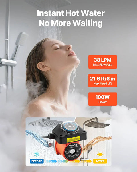 Straight Up Hot Water Recirculating Pump Kit With Built In Timer For Fast Sink And Shower Flow 10 Gpm 0 13 Hp 110 Volt Electric Motor No Sweat Home Plumbing Upgrade Slick Solar Compatible System in a shower setup.