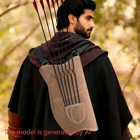 Man in forest wearing Waxed Canvas Archery Quiver With Slots And Adjustable Shoulder Strap For Outdoor Hiking Hunting