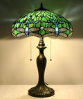 Tiffany Style Stained Glass Table Lamp With Green Dragonfly Shade, 16 Inch Wide, 24 Inch Tall, Antique Bronze Base, Pull Chain