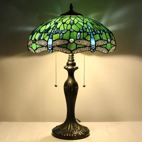 Tiffany Style Stained Glass Table Lamp With Green Dragonfly Shade, 16 Inch Wide, 24 Inch Tall, Antique Bronze Base, Pull Chain