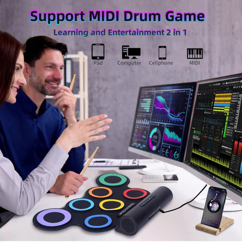 People using Roll Up Electronic Drum Pad Kit With 7 Pads, MIDI Output, Headphones And Dual Speakers, 2 Pedals, 10 Hour Playtime
