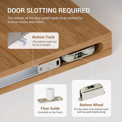 Close-up of 32 Inch Concealed Sliding Barn Door Hardware With Soft Close Mechanism Trackless Aluminum Hidden Track Kit showing floor guide.