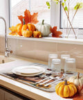 Fall Thanksgiving Sunflower Cow Themed Dish Drying Mat with plates and glasses, on kitchen counter, pumpkins, absorbent microfiber 16x18.