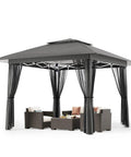 13x13 Pop Up Gazebo Tent With Mosquito Netting For Outdoor Lawn And Backyard Use, shown with gray canopy and netting, includes furniture