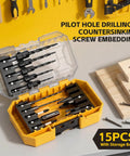 15 Piece Countersink Drill Bit Set With Magnetic Extension Bit Holder And Wood Plug Cutters For Woodworking, in storage box.