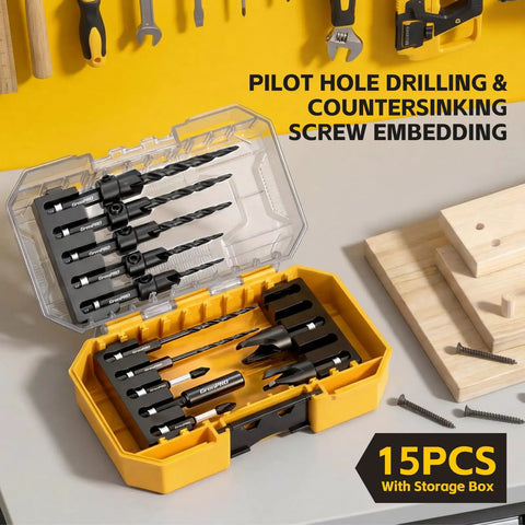 15 Piece Countersink Drill Bit Set With Magnetic Extension Bit Holder And Wood Plug Cutters For Woodworking, in storage box.