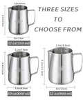 Three sizes of 32 Oz Milk Frother Pitcher With Clear Scale, 304 Stainless Steel Steaming Jug And Latte Art Pen displayed in image.