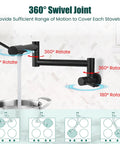 Heavy Duty Wall Mount Pot Filler Reaching 19 Inch Matte Black Kitchen Faucet With American Standard High Flow Design and Badass Reach Spout showcasing 360-degree swivel functionalities.