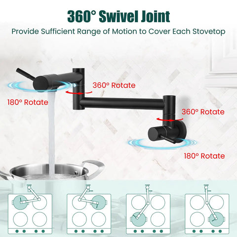 Heavy Duty Wall Mount Pot Filler Reaching 19 Inch Matte Black Kitchen Faucet With American Standard High Flow Design and Badass Reach Spout showcasing 360-degree swivel functionalities.