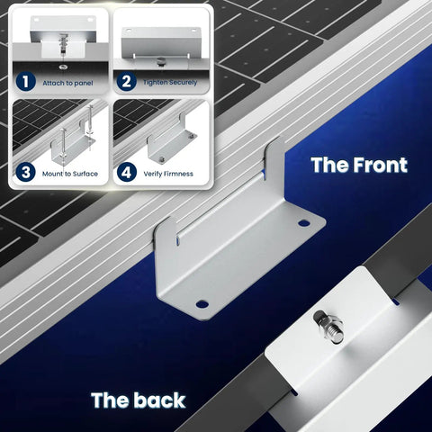 8 Piece Heavy Duty Z Brackets Solar Panel Mounting Kit features installation steps for rust proof aluminum hardware and stability.