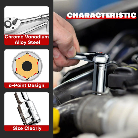 Person using Do-It-All 1/4-Inch Drive Socket Set with Ratchets and Extensions in automotive repair, features highlighted.