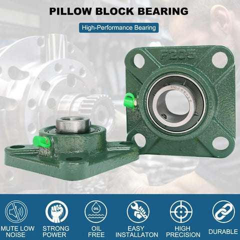 Pillow block bearing with square flange, 4-bolt, green steel housing, 1-inch bore; front and side views.