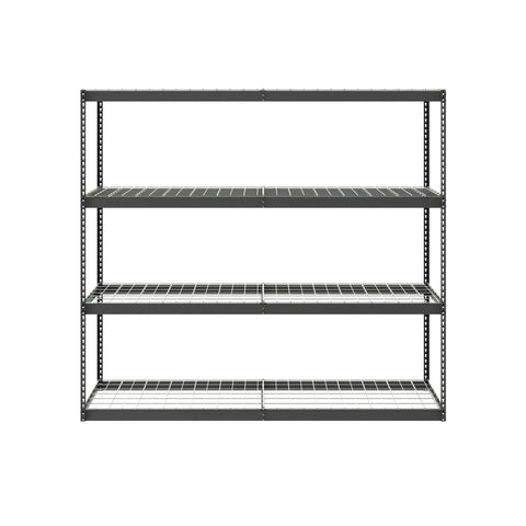 Boss Level Steel Garage Shelving Rack Featuring Four Adjustable Shelves Crushing Five Hundred Pounds Each Rugged Hammered Finish And Heavy Duty L Channel Beams Built Tough For Serious Storage Without The Hassle