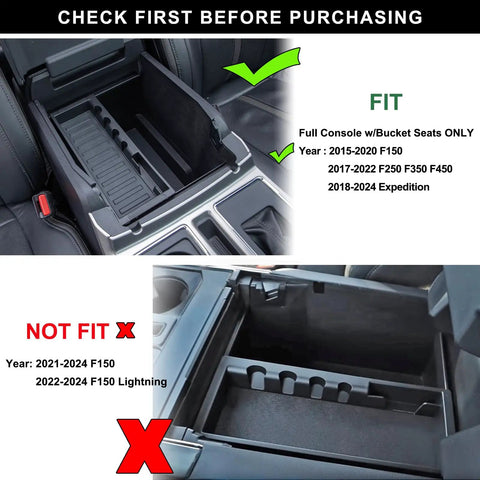 Center Console Organizer Tray For Ford F Series Trucks 2015 To 2024 F150 F250 F350 F450 And Expedition fitment comparison