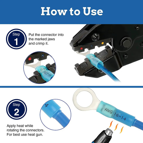 Instructional image showing use of Heat Shrink Ring Connector Kit with KableSeal technology on AWG 16-14 wire.