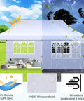 10x20 Pop Up Canopy With 6 Sidewalls Waterproof Pro Grade Outdoor Gazebo Party Ready Easy Setup For Parties Events And Garden UV 50 Protection Includes Sandbags Swan White showing weather resistance in sun and rain.