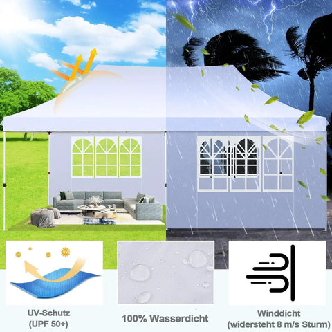 10x20 Pop Up Canopy With 6 Sidewalls Waterproof Pro Grade Outdoor Gazebo Party Ready Easy Setup For Parties Events And Garden UV 50 Protection Includes Sandbags Swan White showing weather resistance in sun and rain.