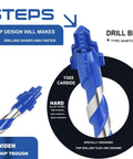 Front view of blue Steps 5-pack 1/8 inch masonry tile drill bits with hex shank, 3.15 inch length.