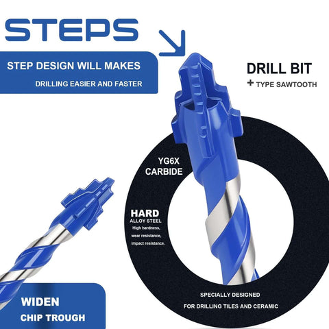 Front view of blue Steps 5-pack 1/8 inch masonry tile drill bits with hex shank, 3.15 inch length.