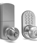 TKK Digital Door Knob Lock With Electronic Keypad Satin Nickel Finish No Fuss Keyless Entry For Easy Secure Access And Peace Of Mind Home Security Upgrade For Front Or Back Doors showing keypad and knob front view.