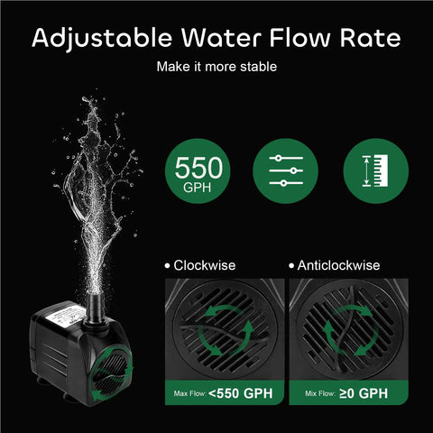 Adjustable flow 2-Pack 550GPH Submersible Pump 30W Ultra Quiet Fountain Water Pump 2000LPH with control settings illustration
