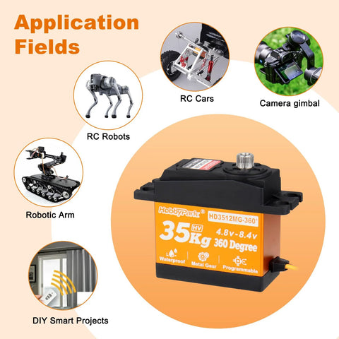 Front view of HobbyPark 35kg continuous-rotation servo with orange label and black housing.