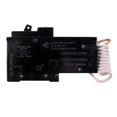Side view of HOM115CAFI Miniature Circuit Breaker 1 Pole For Home Panels with wire, fast trip, safe reliable power control.