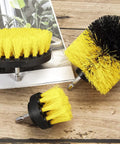 Drill Brush Scrubber Set With Nylon Bristles, 2, 3.5, and 4 Inch Heads, 1/4 Inch Hex Shaft, shown with yellow and black bristles.