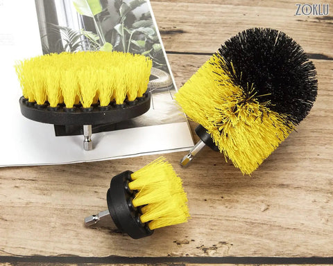 Drill Brush Scrubber Set With Nylon Bristles, 2, 3.5, and 4 Inch Heads, 1/4 Inch Hex Shaft, shown with yellow and black bristles.