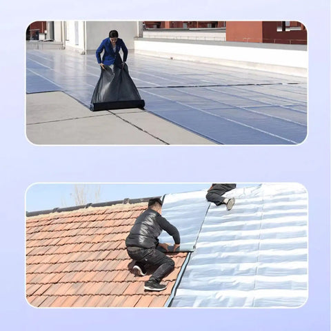 Two images showing application of Battle Ready Aluminum Roof Repair Tape Heavy Duty Self Adhesive Waterproof Shingle Sealant Strip.