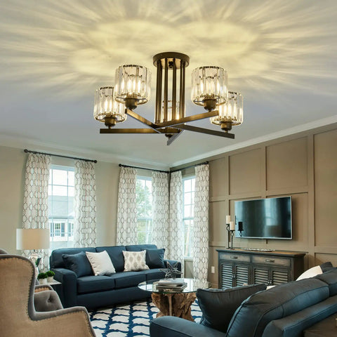 Five Light Crystal Chandelier In Dope Black Close To Ceiling Pendant Light Fixture For Kitchen Dining Room Bedroom Hallway And Bathroom E26 Bulb Compatible Easy Install Vintage Modern Style illuminating elegant living room