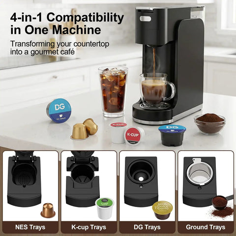 All In One Single Serve Coffee Machine For Ground Coffee K Cup Pods Nespresso Original And Dolce Gusto Pods Hot And Iced Coffee Maker With 20 Bar Espresso And Custom Brew Volume Heats Up In Three Seconds with pods and coffee on counter