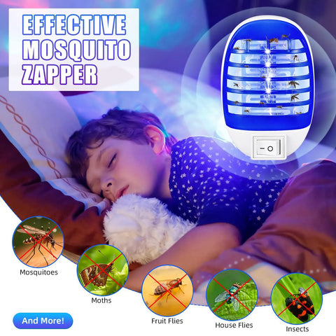 Child sleeping next to Plug In Indoor Bug Zapper With LED Light For Home Use, 360 Degree Mosquito And Fruit Fly Killer, wall-mounted.