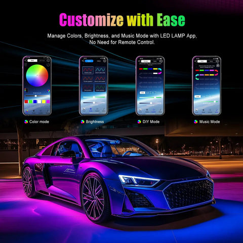 Car Interior LED Lights With App Control And DIY Mode Lit Multicolor Under Dash RGB Lighting Kit For Cars Trucks And SUVs Music Sync USB Powered DC 5V 16 Million Color Options illustrating customization via smartphone app with colorful car lighting display