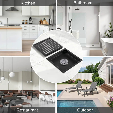 Level Up Your Bath Game With This Heavy Duty 4 Inch Square Shower Floor Drain Cover Featuring Rust Proof Matte Black Finish And Ingenious Hair Catcher Grid For Smooth Zero Clog Daily Draining in various settings.