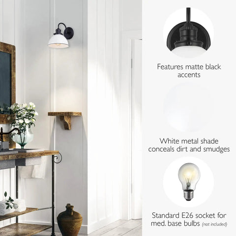 Savannah Rustic Farmhouse Wall Light Dimmable Matte Black Finish With White Metal Shade 8 In X 9.5 In X 10.13 In in hallway.