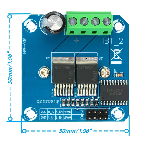 Top view of Two Pack BTS7960 43A Beefy High Power H-Bridge Motor Driver Module for Arduino with blue circuit board and components.