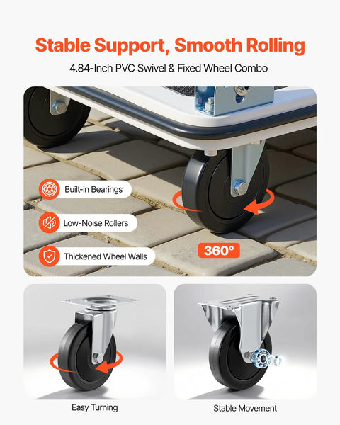 Close-up of swivel and fixed wheels on foldable push cart dolly, highlighting stable movement for heavy-duty use.