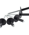 Close-up of large flange aluminum blind rivets black three sixteenth inch by three quarter inch grip length 14 to 16mm grip range pop rivets